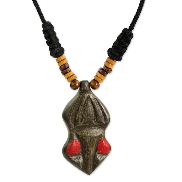 Alternate image for Hand Carved Wooden Pendant and Cord Necklace from Ghana Gyau Atiko