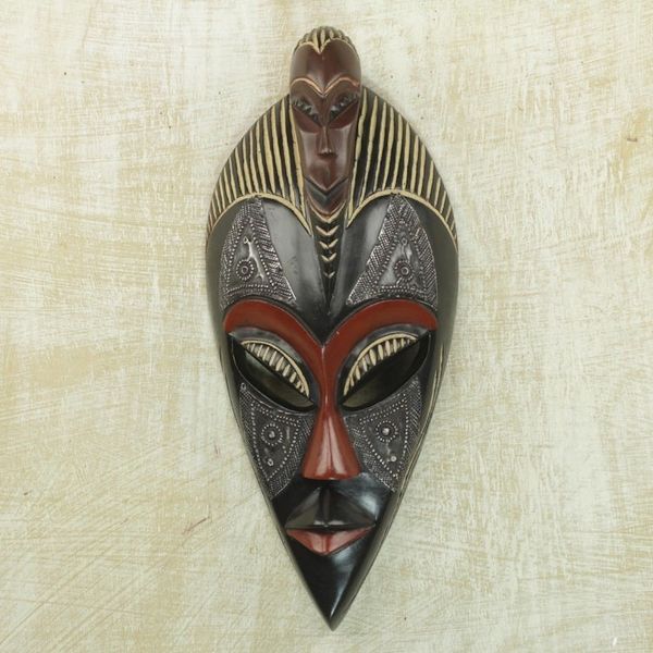 Alternate image for Handcrafted Sese Wood and Aluminum Wall Mask from Ghana Good Thing