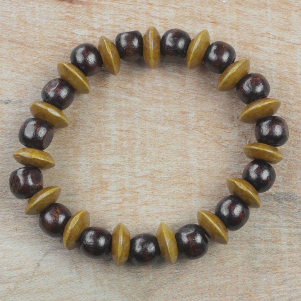 Dark Brown Wood Beaded Stretch Bracelet from Ghana 'Adukrom Beauty'