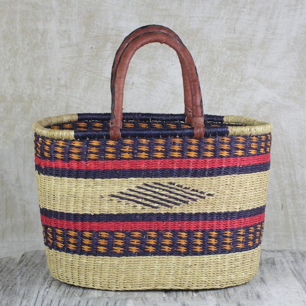 Hand Woven Raffia Natural Fiber Tote with Leather Strap 'Kite Basket'