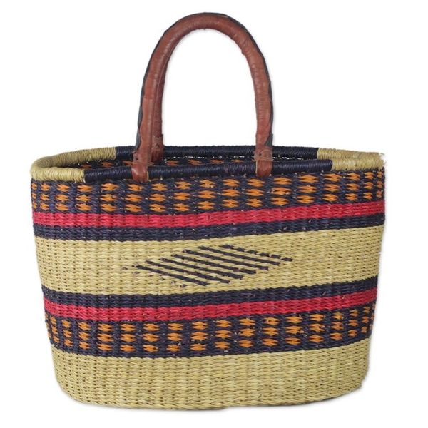 Alternate image for Hand Woven Raffia Natural Fiber Tote with Leather Strap Kite Basket