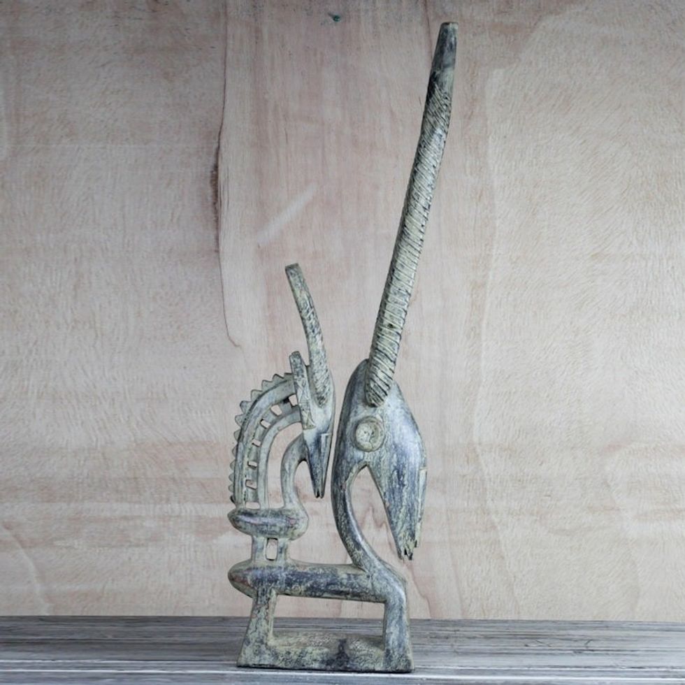 Handcarved West African Sese Wood and Clay Antelope Statue 'Antelope Wisdom'