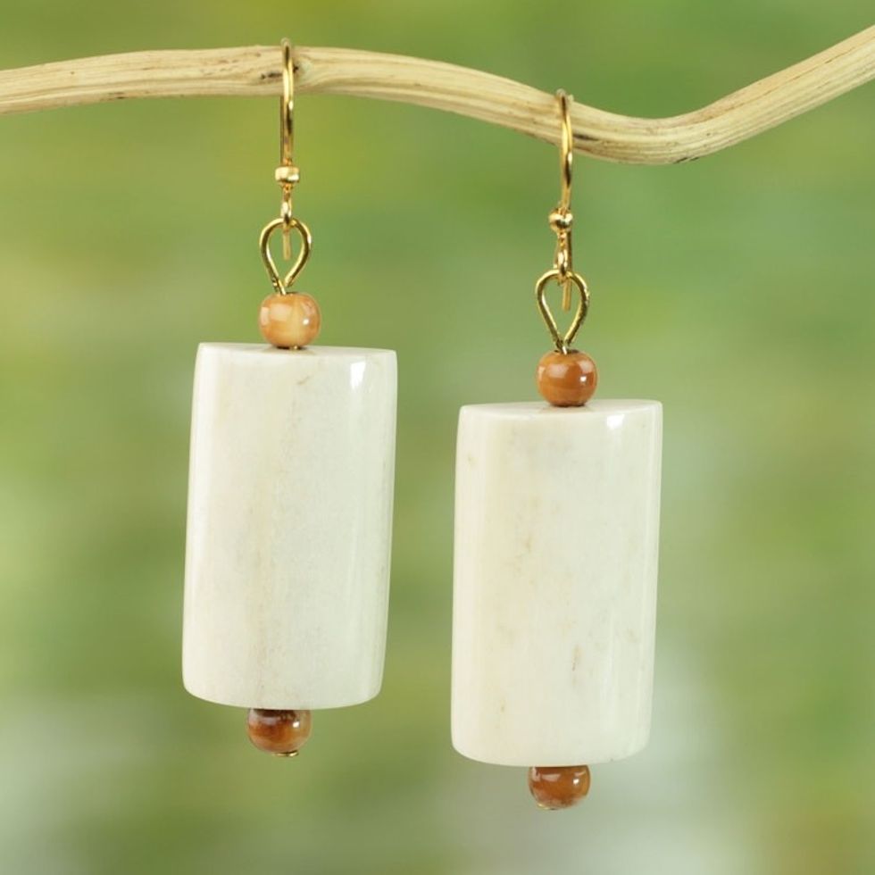 Hand Crafted Cow Bone Dangle Earrings from West Africa 'Glowing Path'
