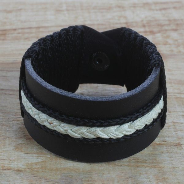 Alternate image for Mens Black Leather and Braided Cord Wristband Bracelet Band of Brothers