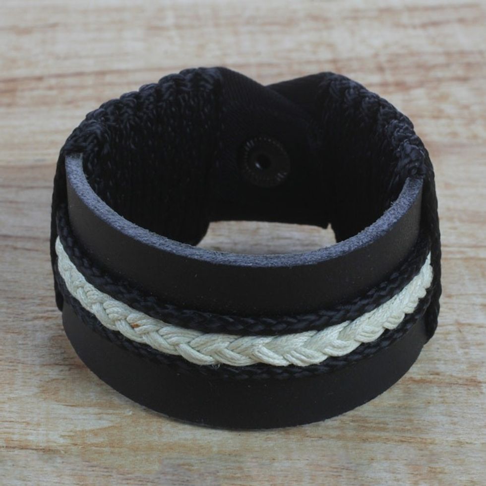 Men's Black Leather and Braided Cord Wristband Bracelet 'Band of Brothers'
