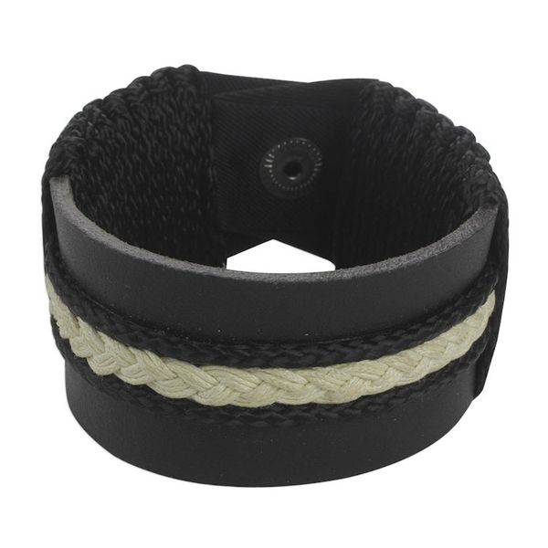 Alternate image for Mens Black Leather and Braided Cord Wristband Bracelet Band of Brothers