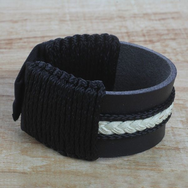 Alternate image for Mens Black Leather and Braided Cord Wristband Bracelet Band of Brothers
