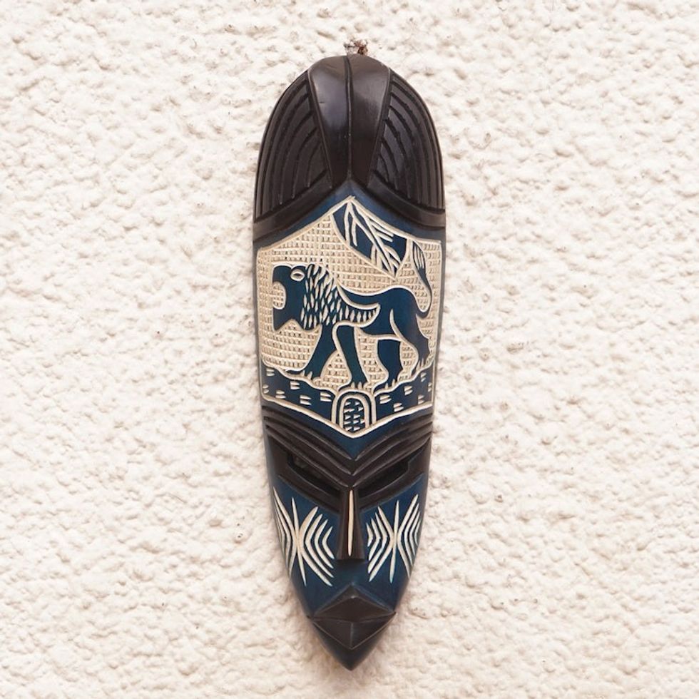 Sese Wood Lion Motif Wall Mask Hand Carved in Ghana 'Lion of Ghana'