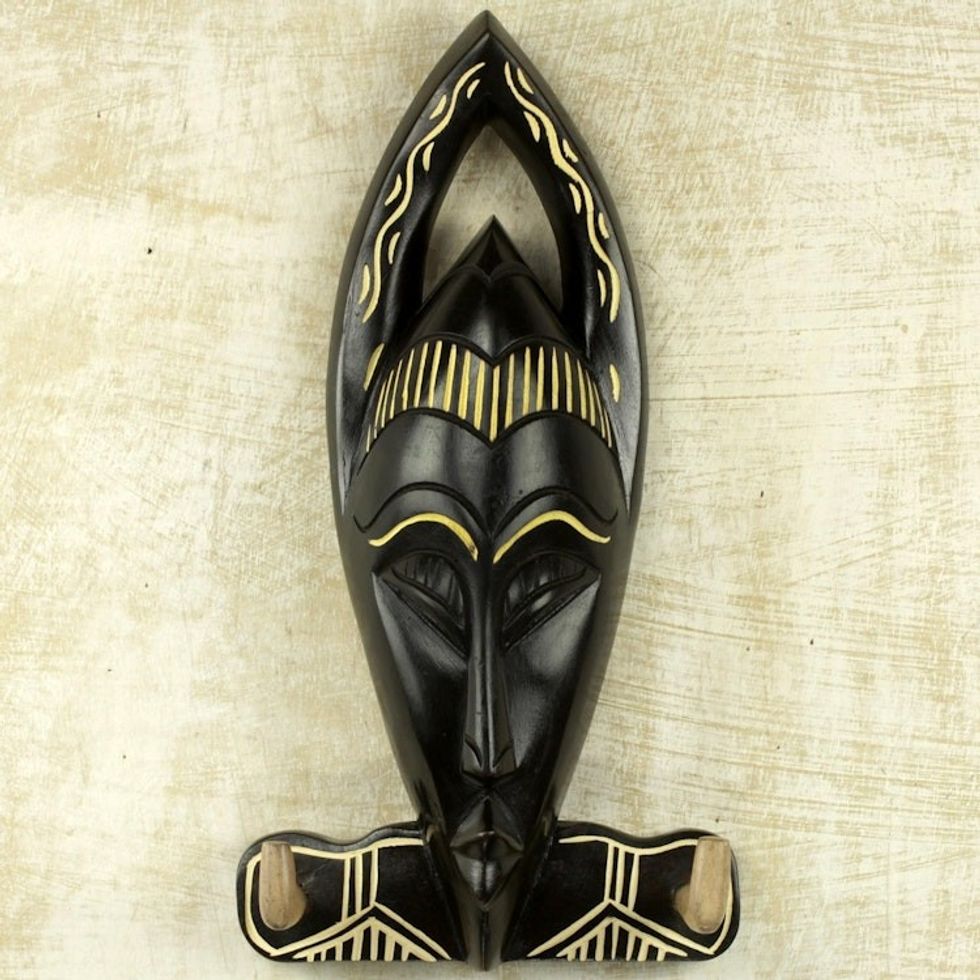 Hand Carved Black Wood Key Holder from Ghana 'Blessed Face'