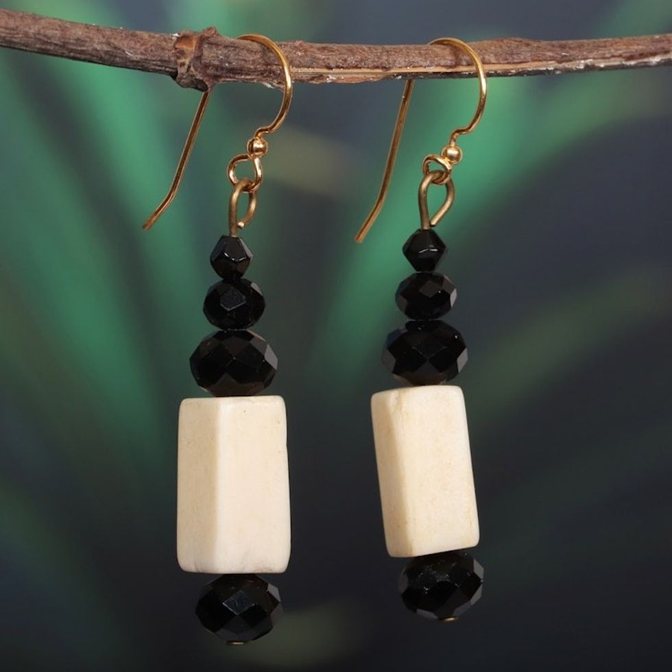 Eco-Friendly Recycled Glass and Onyx Beaded Dangle Earrings 'Dapper Joy'