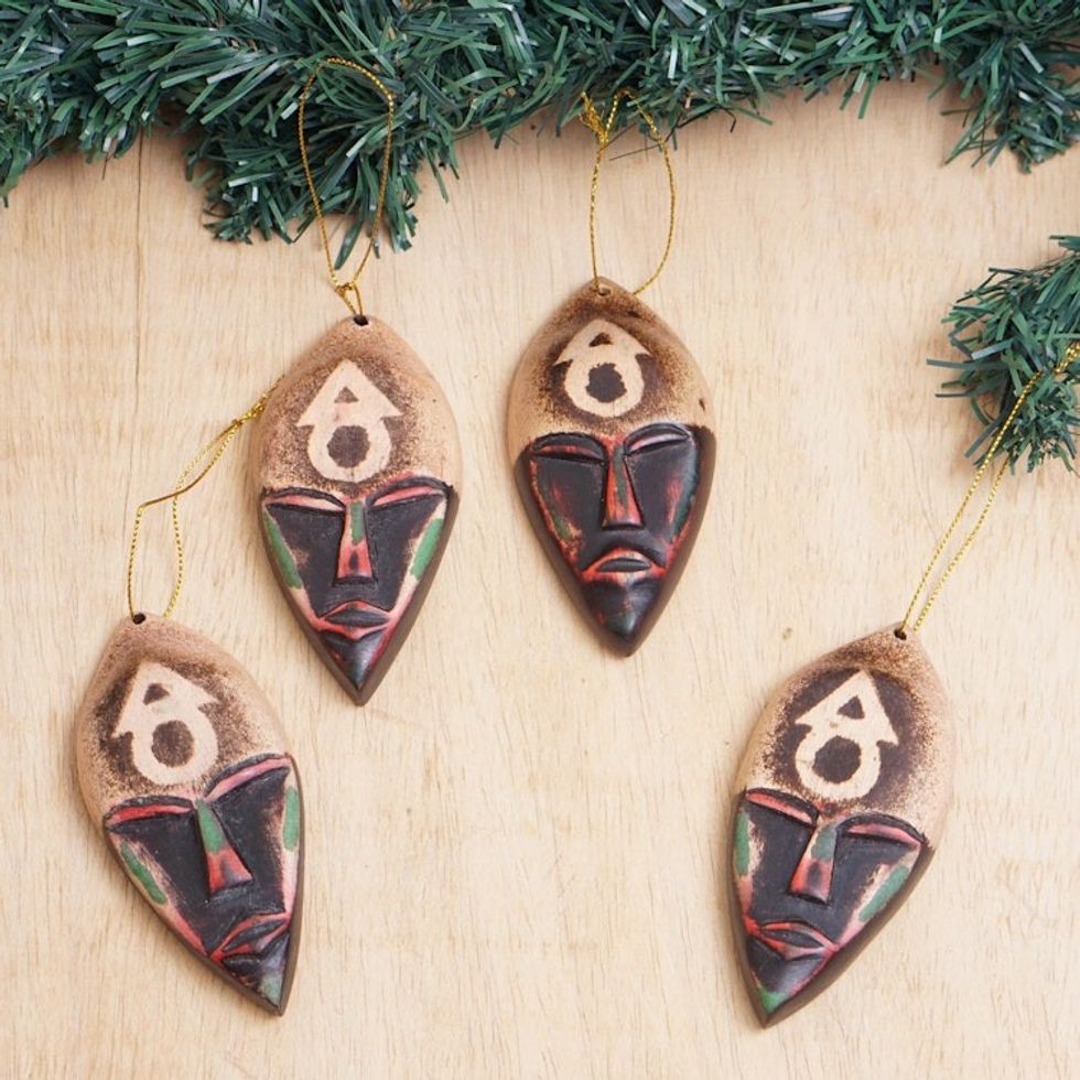 Set of 4 Hand-Painted Brown and Black Sese Wood Ornaments 'Ghana Wishes'