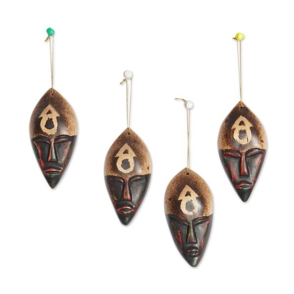 Alternate image for Set of 4 Hand-Painted Brown and Black Sese Wood Ornaments Ghana Wishes