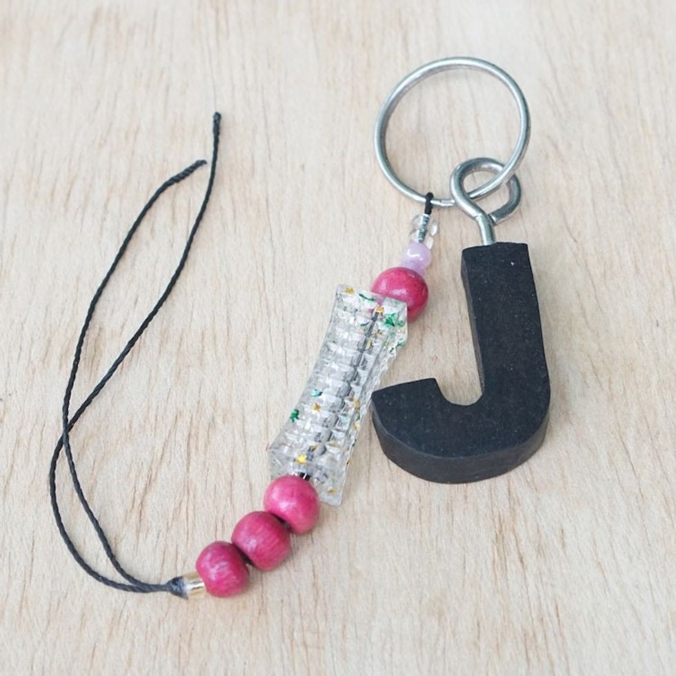 Eco-Friendly Ebony Letter J Keychain with Wood Beads 'The Letter J'