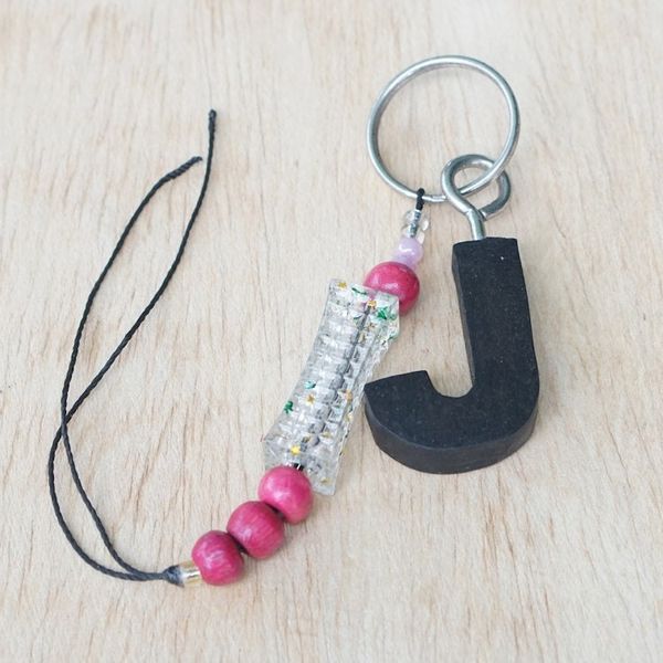 Alternate image for Eco-Friendly Ebony Letter J Keychain with Wood Beads The Letter J