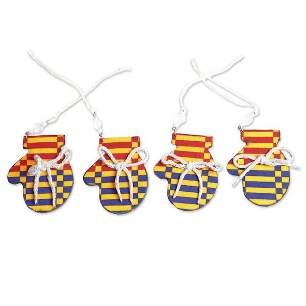 Alternate image for Set of 4 Handcrafted Eco-Friendly Mitten-Shaped Ornaments Festive Mittens