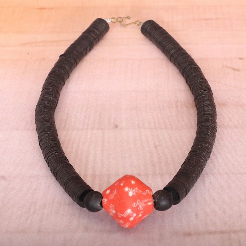 Eco-Friendly Black and Red Recycled Glass Pendant Necklace 'Alluring Vibrancy'