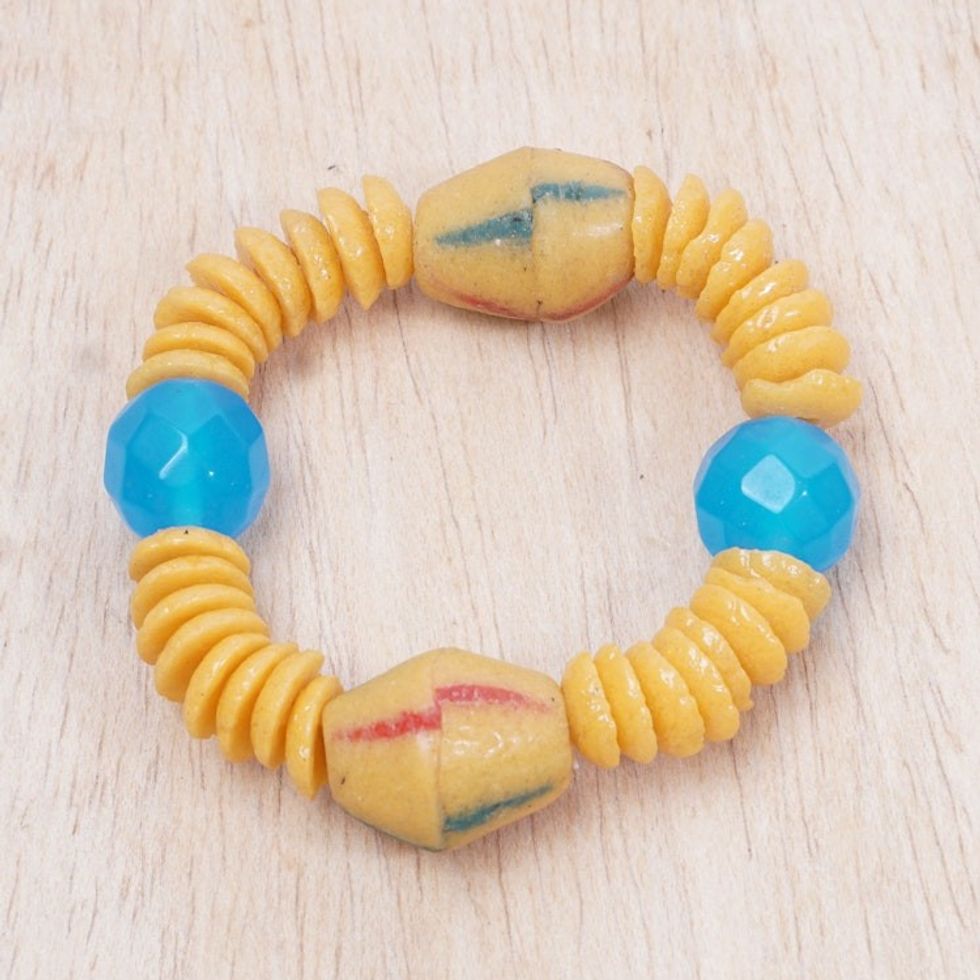 Yellow and Blue Glass and Agate Beaded Stretch Bracelet 'Mi'