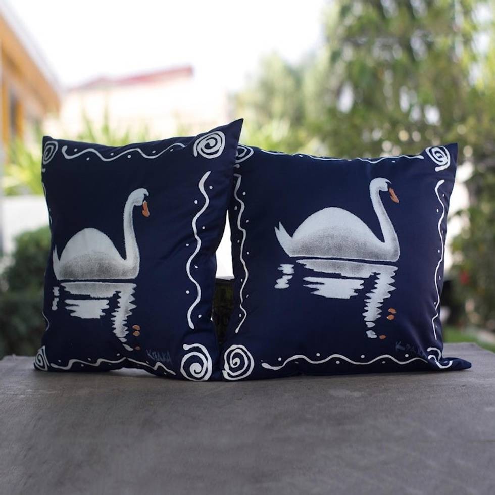 Blue Cotton Swan-Motif Cushion Covers Pair 'Swan Song in Blue'
