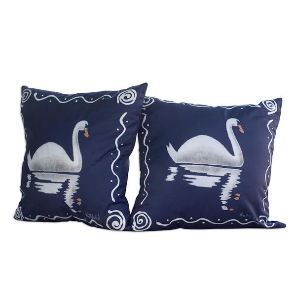 Alternate image for Blue Cotton Swan-Motif Cushion Covers Pair Swan Song in Blue