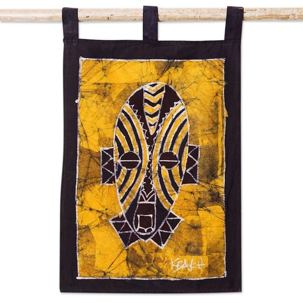 Alternate image for Hand-Painted Yellow Cotton Wall Hanging of African Mask Grateful Visage