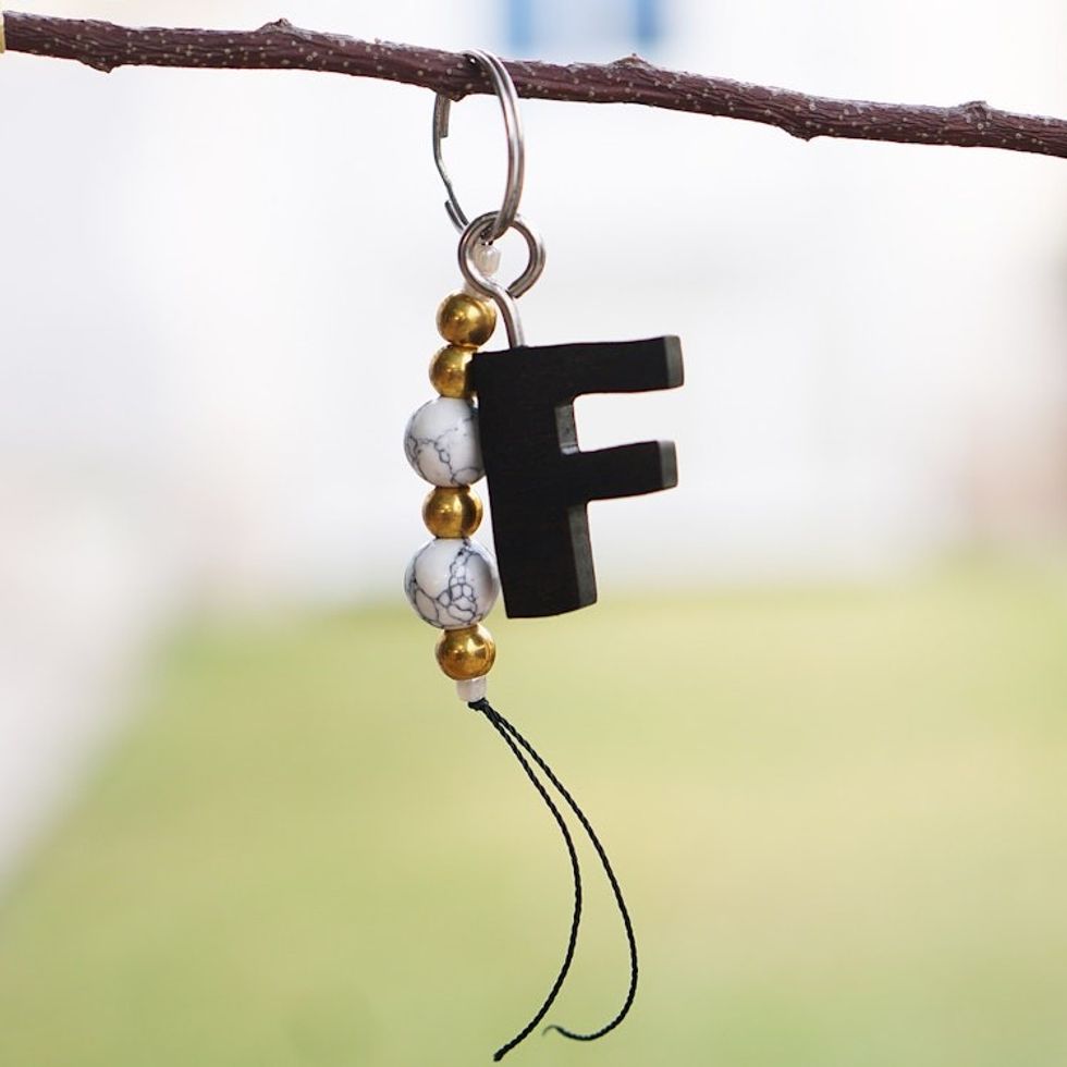 Eco-Friendly Beaded Ebony Wood Keychain with a Letter F 'The Letter F'