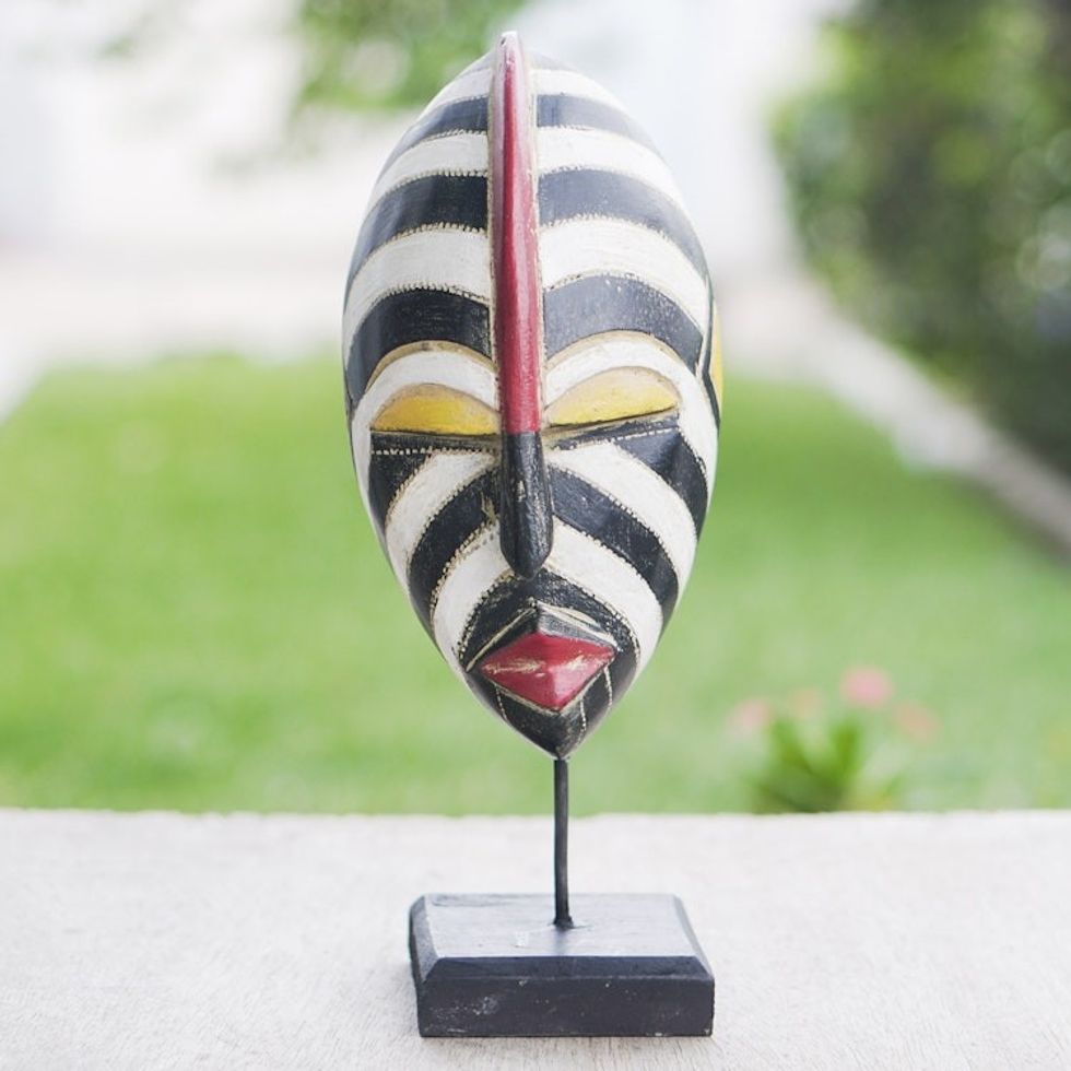 Striped African Sese Wood Mask with Stand 'Zebra Visage'