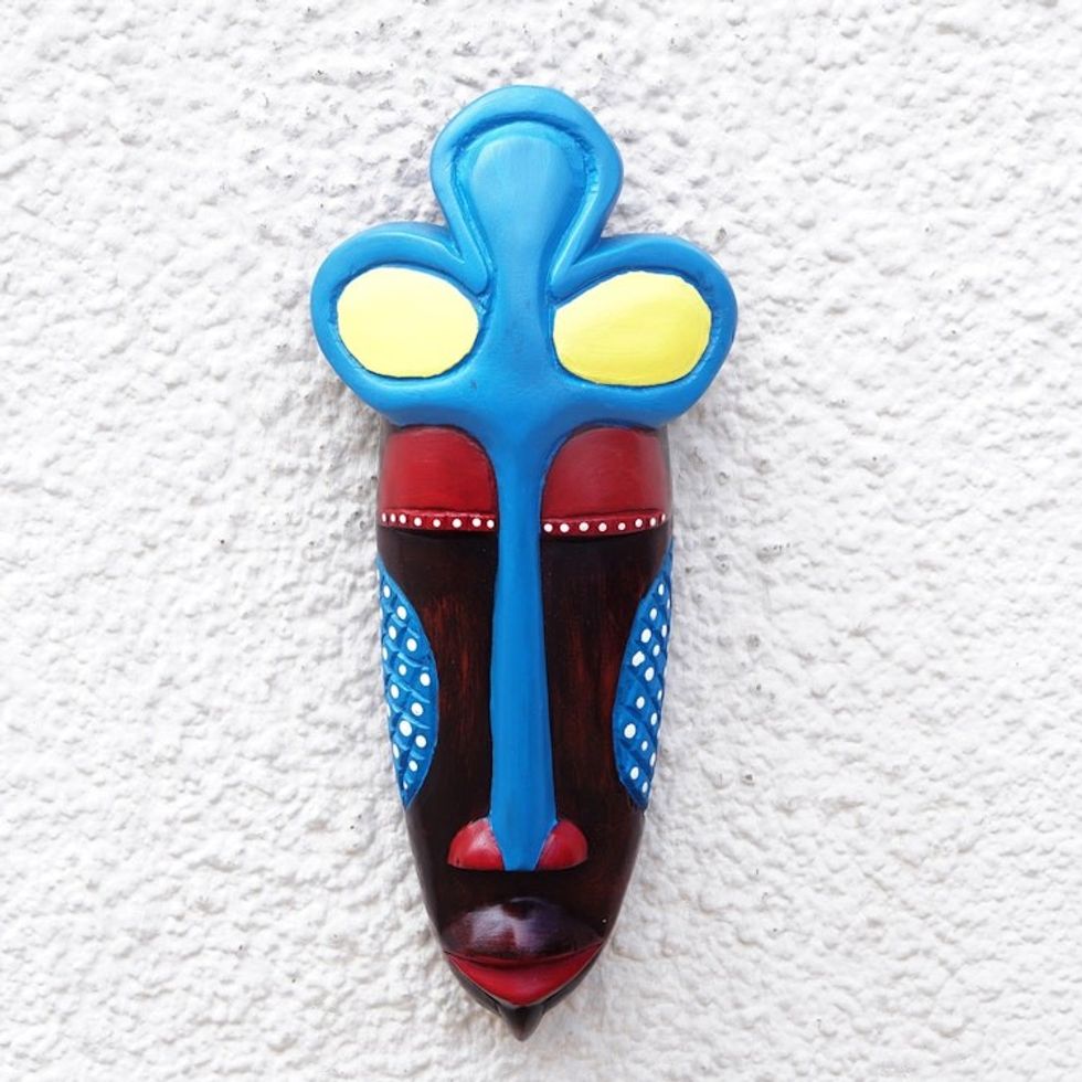 Hand-Painted African Wood Mask in Brown Blue Yellow Red 'Chief Linguist'