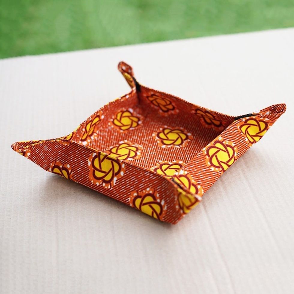Handmade Warm-Toned Cotton Basket Napkin with Velcro Accents 'Marigold Mornings'