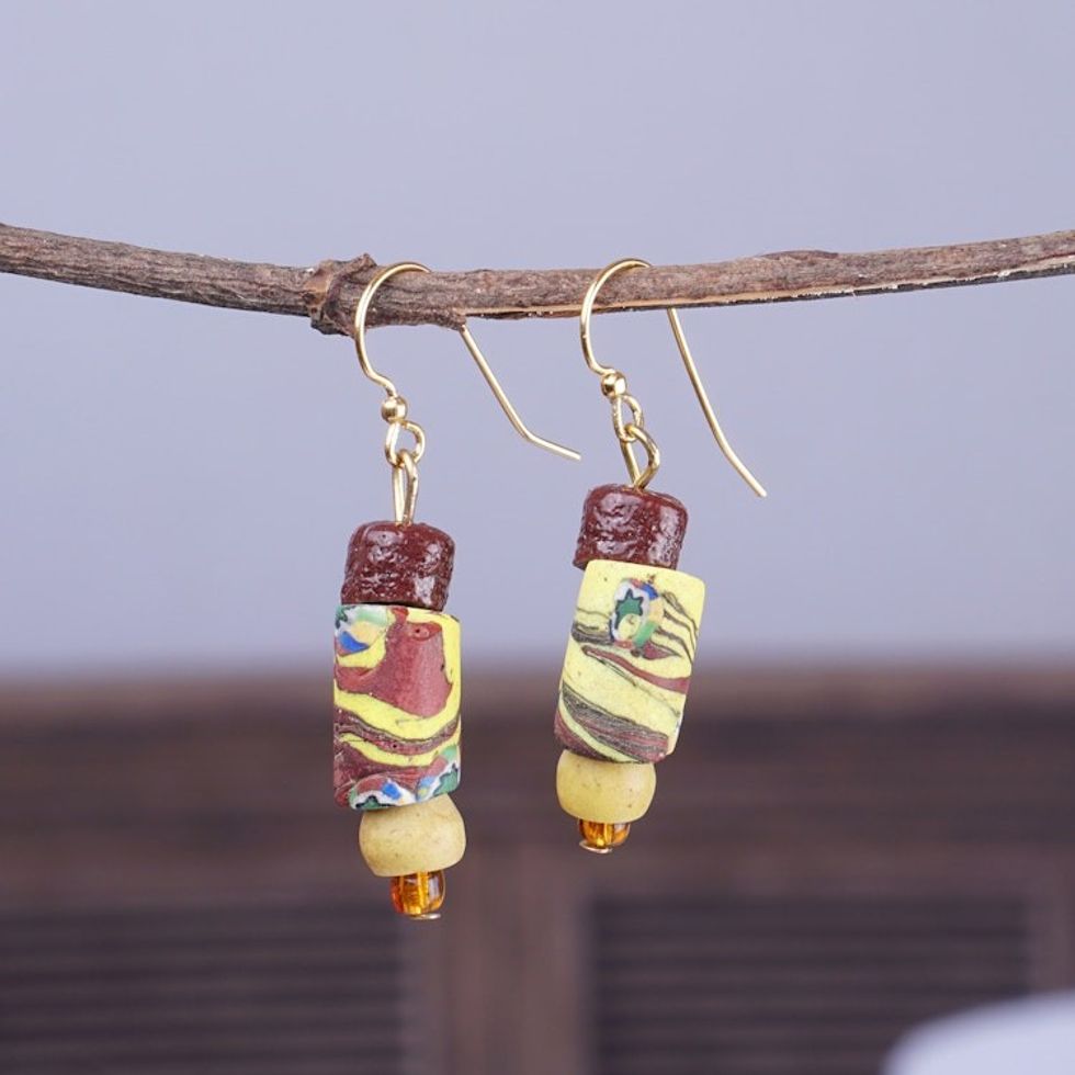 Brown and Yellow Recycled Glass Beaded Dangle Earrings 'Ghana's Colors'