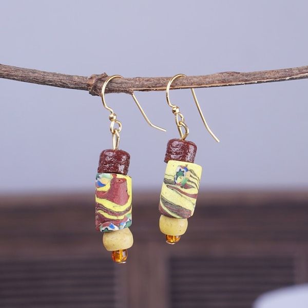 Alternate image for Brown and Yellow Recycled Glass Beaded Dangle Earrings Ghanas Colors