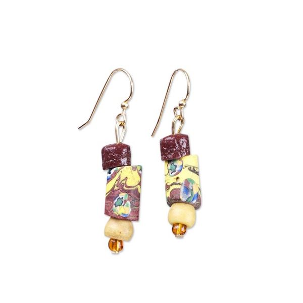 Alternate image for Brown and Yellow Recycled Glass Beaded Dangle Earrings Ghanas Colors