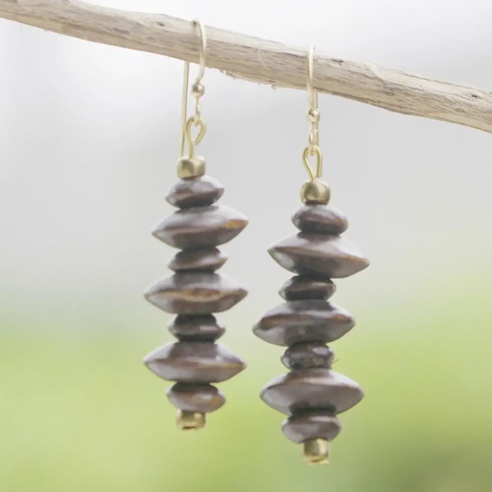 Handcrafted Sese Wood Beaded Dangle Earrings from Ghana 'Forest Milestones'