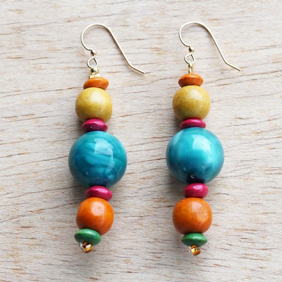 Colorful Wood and Recycled Plastic Beaded Dangle Earrings 'Environment Festival'