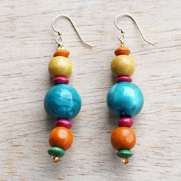 Alternate image for Colorful Wood and Recycled Plastic Beaded Dangle Earrings Environment Festival