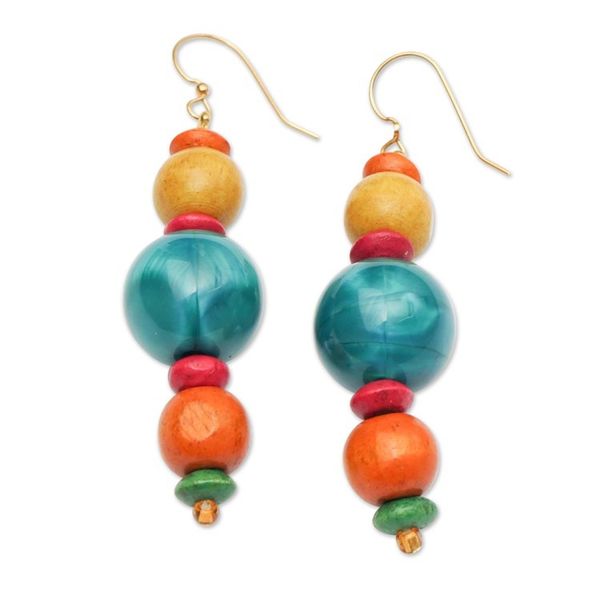Alternate image for Colorful Wood and Recycled Plastic Beaded Dangle Earrings Environment Festival