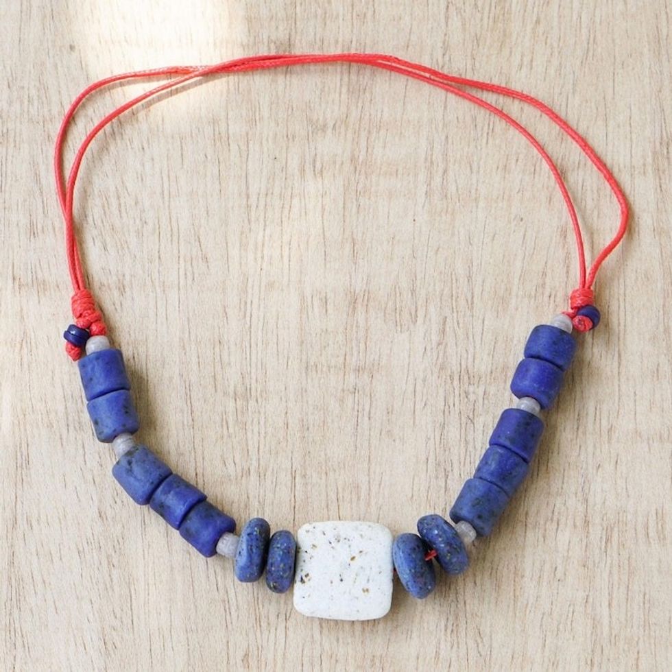 Artisan Crafted Recycled Glass Beaded Necklace 'Seven Virtues'