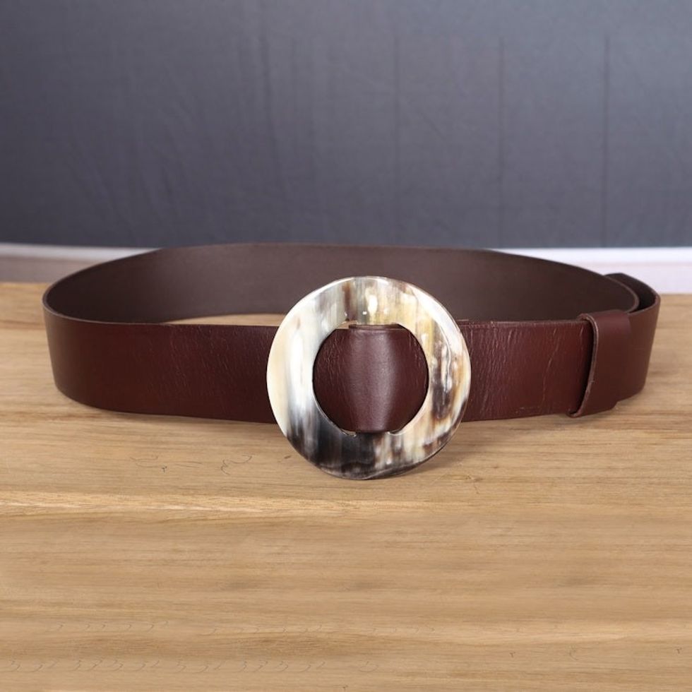 Chocolate Leather Belt with Aya Adinkra Symbol from Ghana 'Distinct in Chocolate'