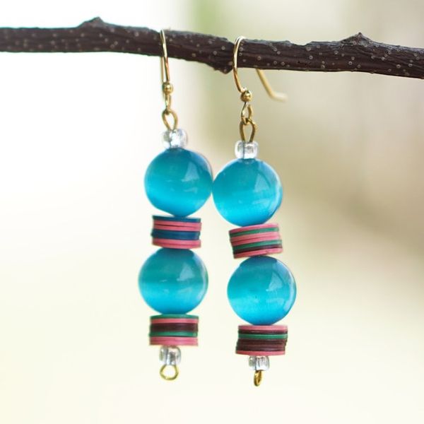 Alternate image for Blue Cats Eye Dangle Earrings with Vibrant Discs Sea Eyes