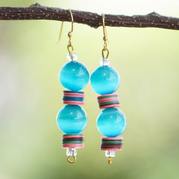 Alternate image for Blue Cats Eye Dangle Earrings with Vibrant Discs Sea Eyes