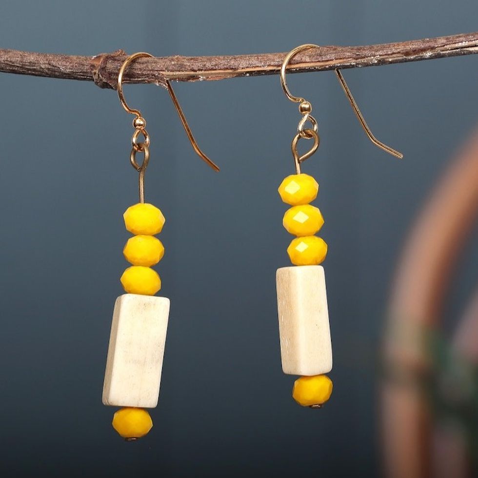 Yellow Recycled Glass Beaded Dangle Earrings with Hooks 'Sunny Dziedzorm'