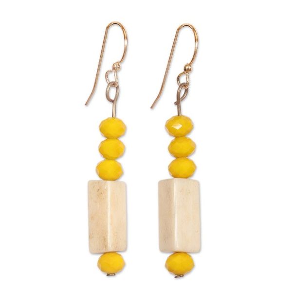 Alternate image for Yellow Recycled Glass Beaded Dangle Earrings with Hooks Sunny Dziedzorm