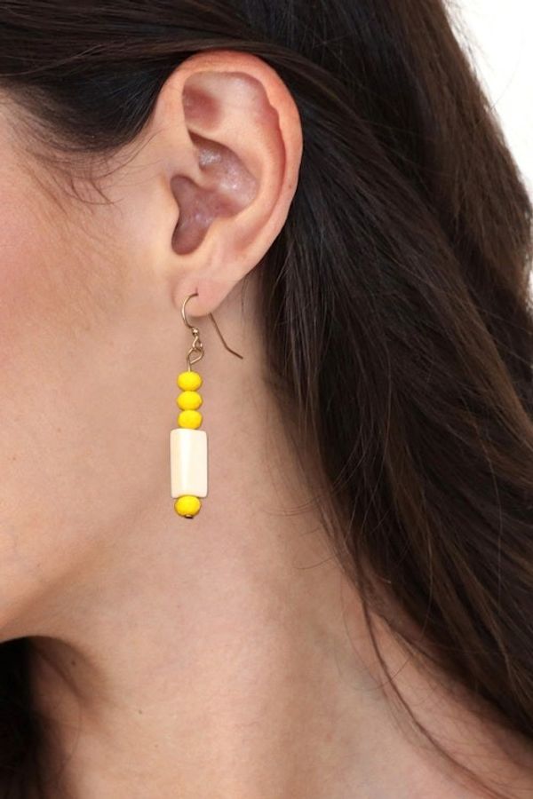 Alternate image for Yellow Recycled Glass Beaded Dangle Earrings with Hooks Sunny Dziedzorm