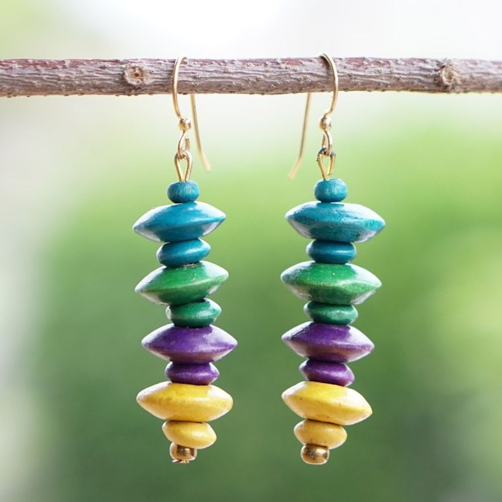 Handcrafted Colorful Sese Wood Beaded Dangle Earrings 'Colorful Steps'