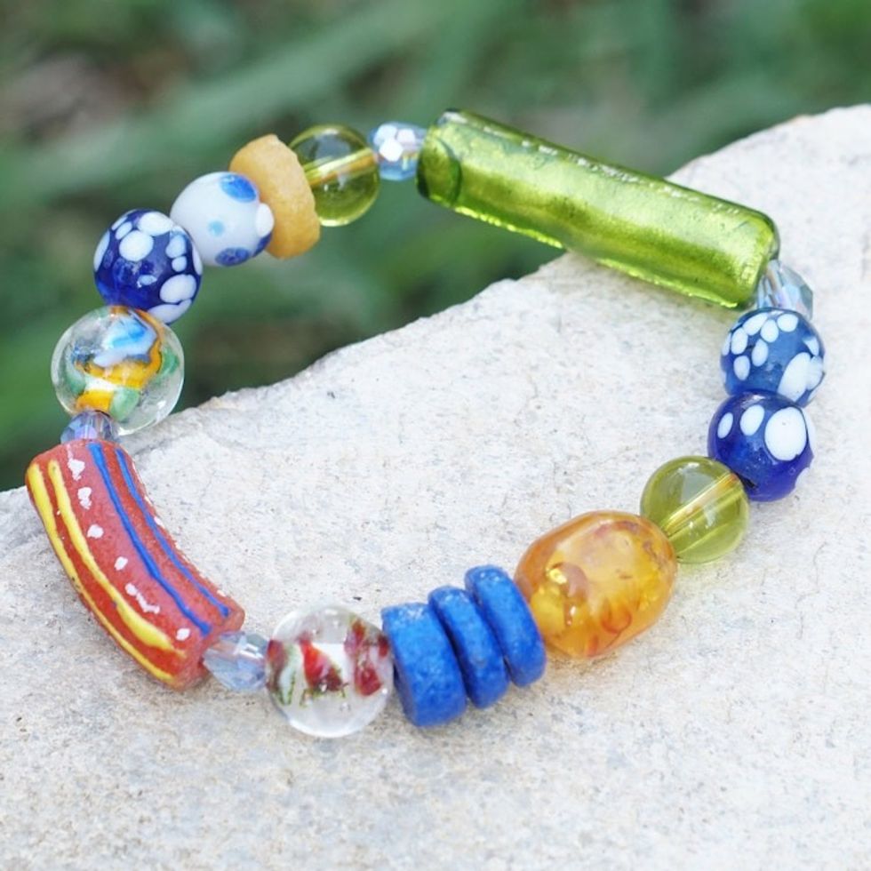 Eco-Friendly Colorful Glass and Plastic Beaded Bracelet 'Surprise Shades'