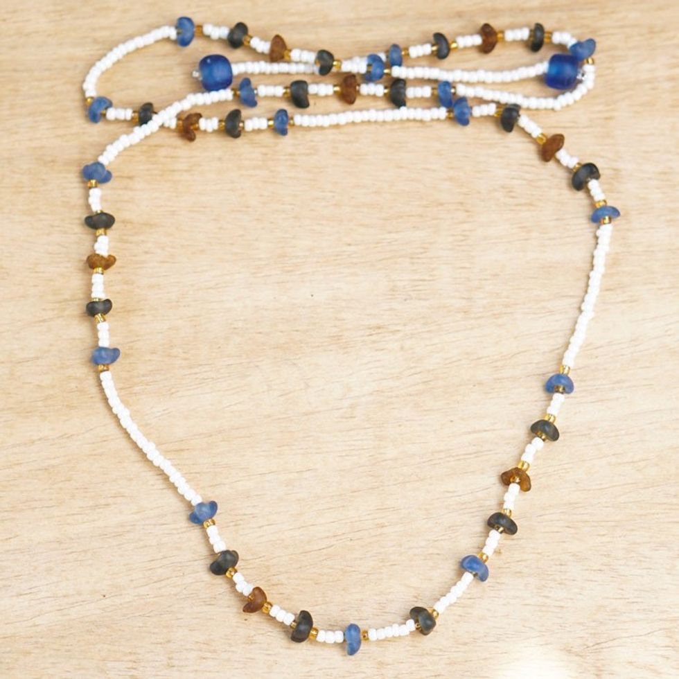 Handcrafted Recycled Glass and Plastic Beaded Necklace 'Blue Sensations'