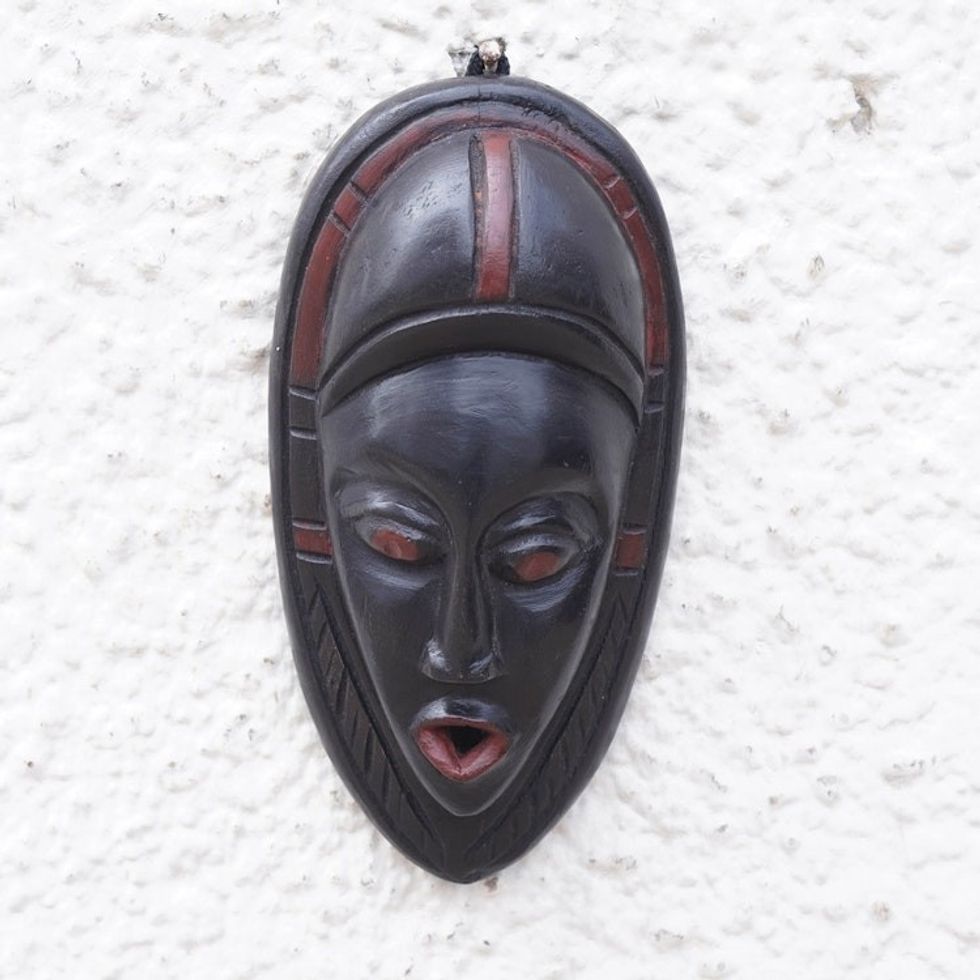 Hand-Painted Dark Black and Brown African Sese Wood Mask 'Awurade Kasa'