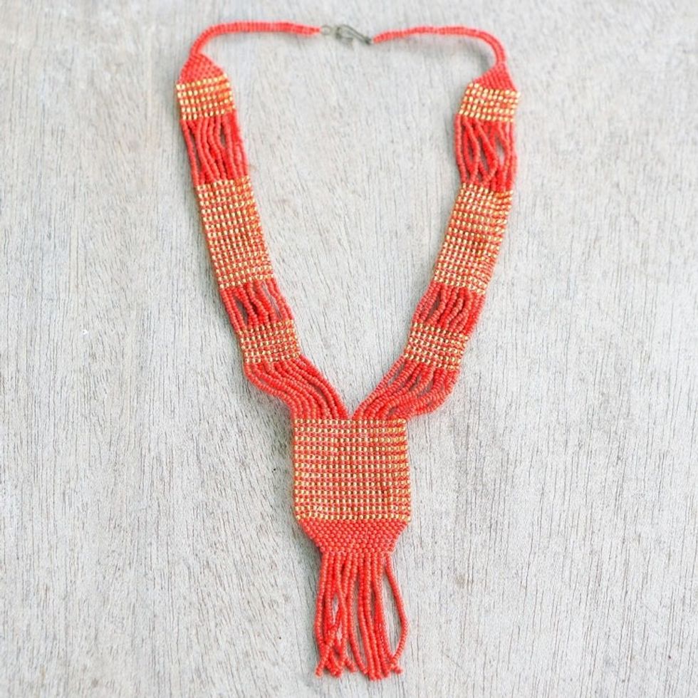 Ghanaian Red and Gold Recycled Glass Beaded Pendant Necklace 'Yeyra'