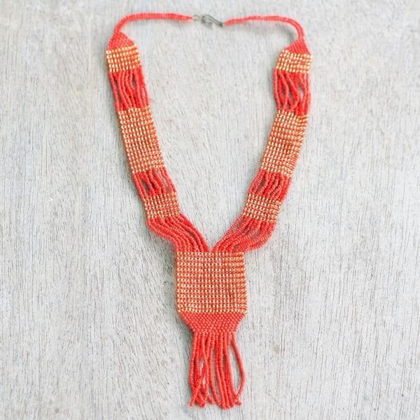 Alternate image for Ghanaian Red and Gold Recycled Glass Beaded Pendant Necklace Yeyra