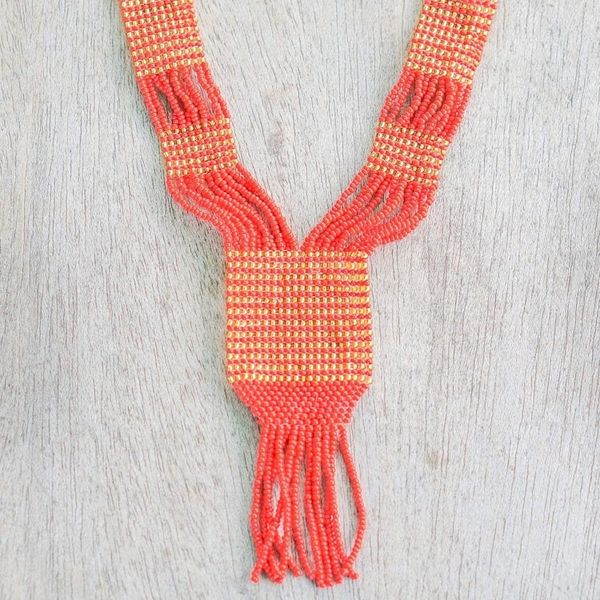 Alternate image for Ghanaian Red and Gold Recycled Glass Beaded Pendant Necklace Yeyra