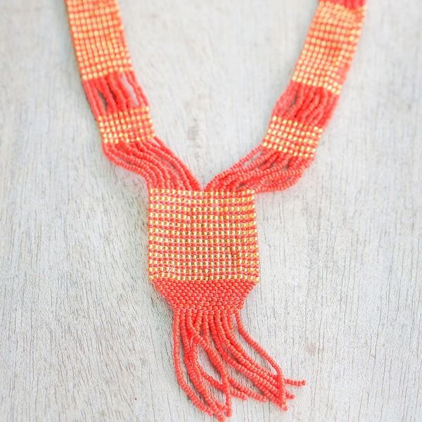 Alternate image for Ghanaian Red and Gold Recycled Glass Beaded Pendant Necklace Yeyra